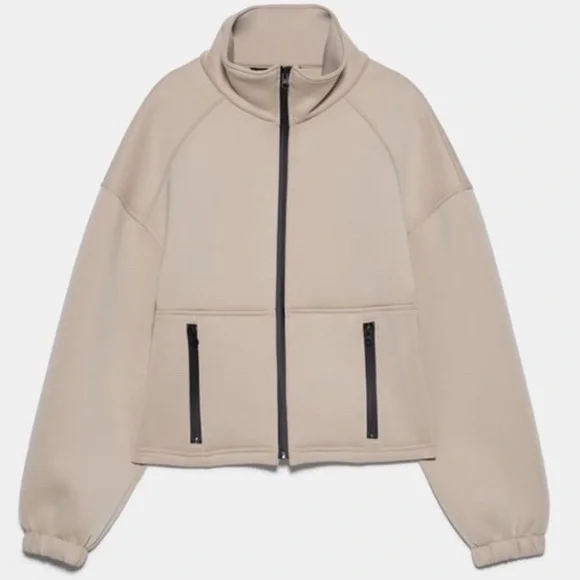 Zara Scuba Zip Up Jacket Size Small Beige Puff Sleeve Athleisure - Picture 6 of 11